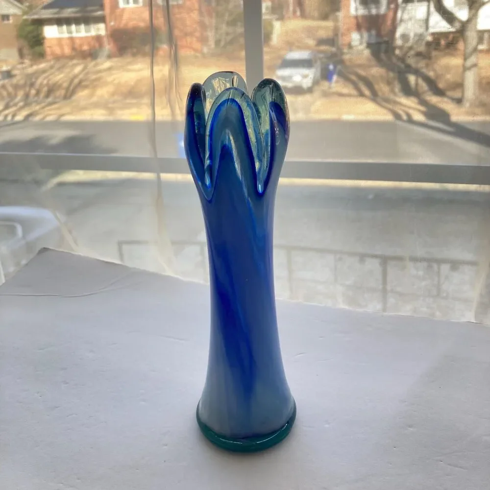 Vintage 5 Finger Blue White Swirl Swung Vase Art Glass Bud Vase Glass 8 inches